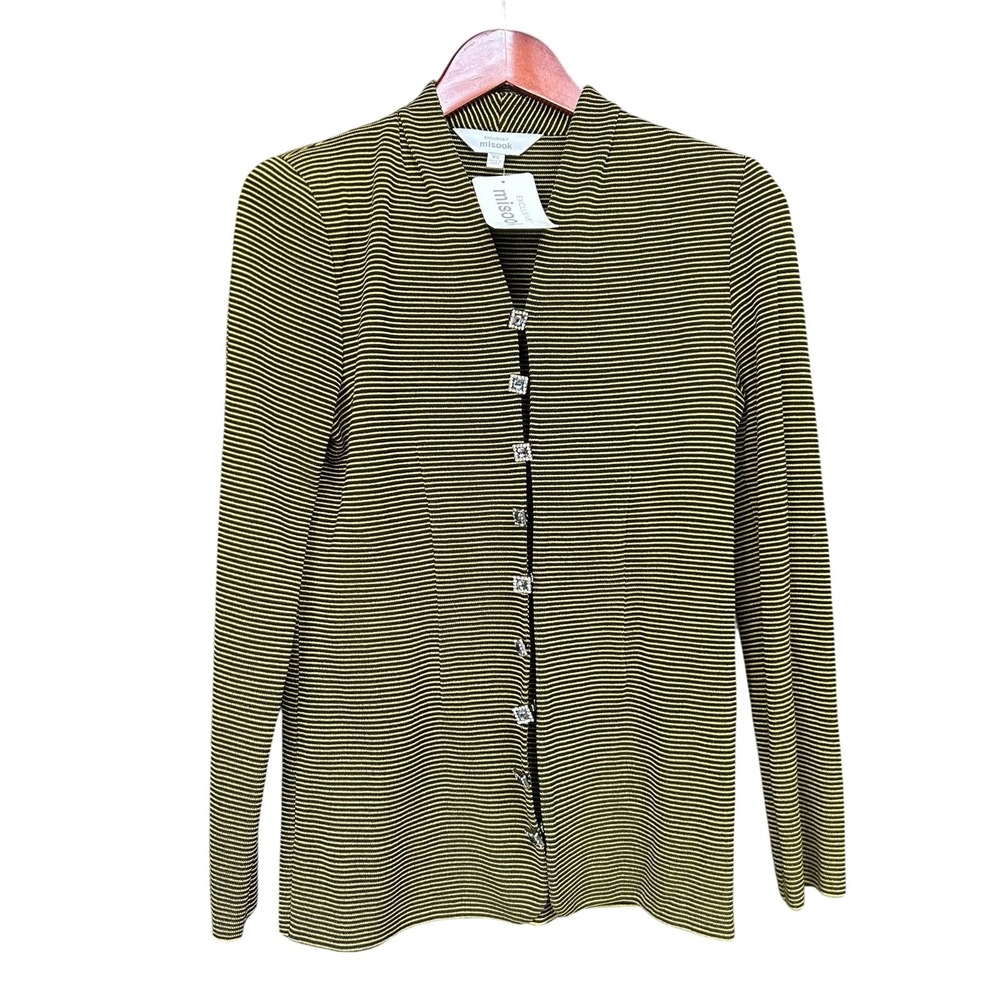 Exclusively Misook Womens Button Up Career Sweater Jacket Striped Green Size XS